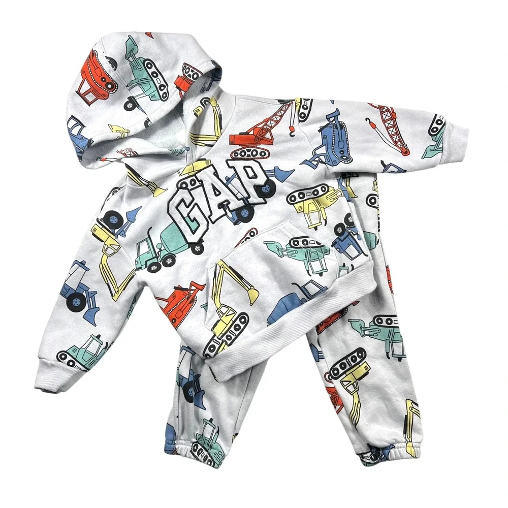 Baby Gap Construction Truck Hoodie Jogger Set 2 Years Gray Fleece Sweatsuit 2T